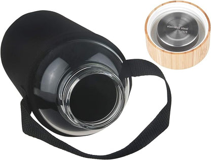 48 oz Sports Borosilicate Glass Water Bottle with Bamboo Lid with Neoprene Sleeve