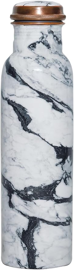 Copper Ayurveda Copper Water Bottle for Drinking – Travel Water Bottle for Gym, Yoga, Office, Hiking, Outdoor – with Lid (Yellw Pink floral) (White black marble)