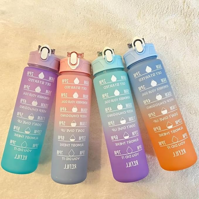 Generic Drinking Water Bottles Fitness Sports With Time Marker, 900 ml, Multiple Colors, Motivational Drinking Bottles (Purple+Blue), XH-2081