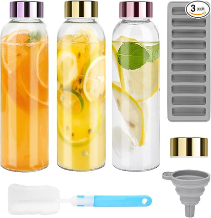 Glass Juice Bottles with Lids for Juicing 24 oz, Reusable Clear Glass Water Bottles with Stainless Steel Airtight Cap for Refrigerator, 100% Leak Proof, BPA Free, ECO Friendly, Set of 3