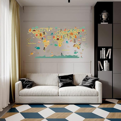 Animal World Map Wall Stickers Cartoon Lion Bear Travel Wall Decals Peel and Stick Removable Wall Stickers Baby Kids Bedroom Nursery Toddler Room Living Room Wall Sticker Decor
