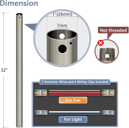 32" Ceiling Fan Downrod, 【1 Outside Diameter】 Brushed Nickel Extended Downrod, including 4 Wire Connectors and 5 Extension Wires (No Threads)