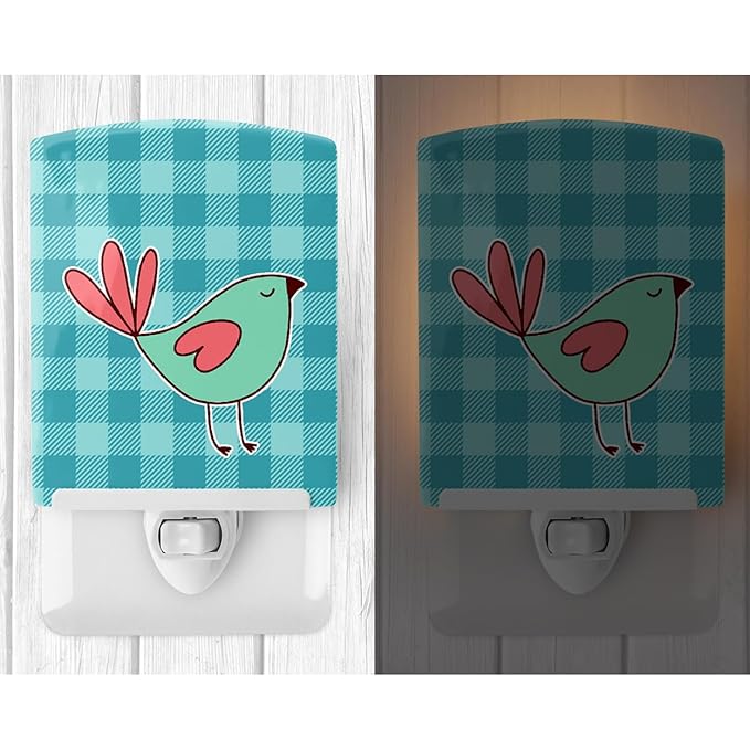 Caroline's Treasures BB6831CNL Bird on Blue Plaid Ceramic Night Light Compact, UL-Certified, Ideal for Bedroom, Bathroom, Nursery, Hallway, Kitchen, 6x4x3, Multicolor