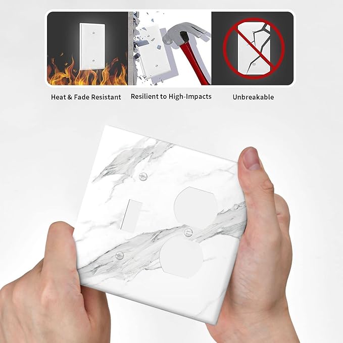 Marble Grey Wall Plate Decorative Light Switch Cover 2-Gang Combo Toggle/Duplex Outlet Faceplate for Bedroom Kitchen Farmhouse White