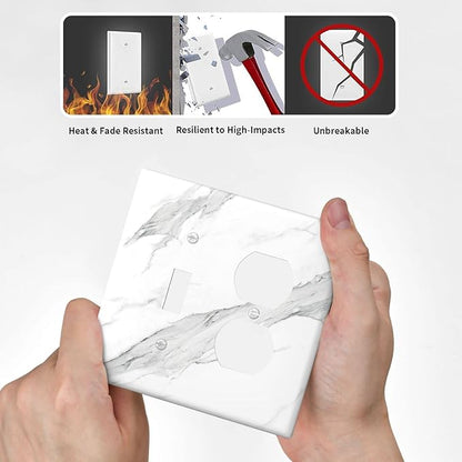 Marble Grey Wall Plate Decorative Light Switch Cover 2-Gang Combo Toggle/Duplex Outlet Faceplate for Bedroom Kitchen Farmhouse White