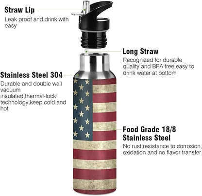 Blueangle 32oz Vintage American Flag Water Bottle, BPA Free Stainless Steel Water Bottle Leak-Proof Sports Bottle for Camping Workouts Gym and Outdoor Activity