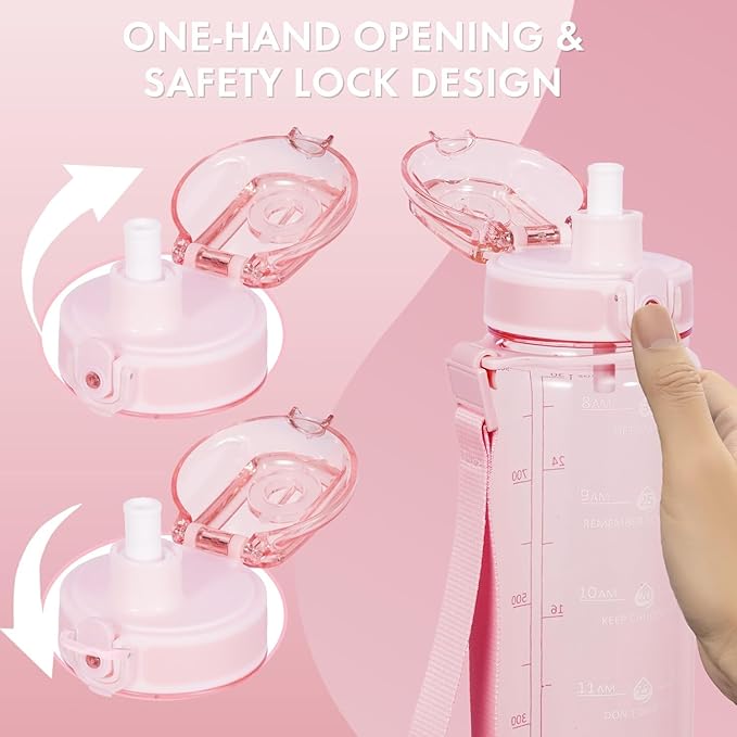32 oz Water Bottle with Detachable Straw, Clear Motivational Water Bottles with Time to Drink, Tritan & BPA Free Sports Water Jug with Time Marker, Upgraded handle design, Rose Pink