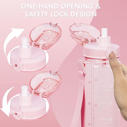 32 oz Water Bottle with Detachable Straw, Clear Motivational Water Bottles with Time to Drink, Tritan & BPA Free Sports Water Jug with Time Marker, Upgraded handle design, Rose Pink