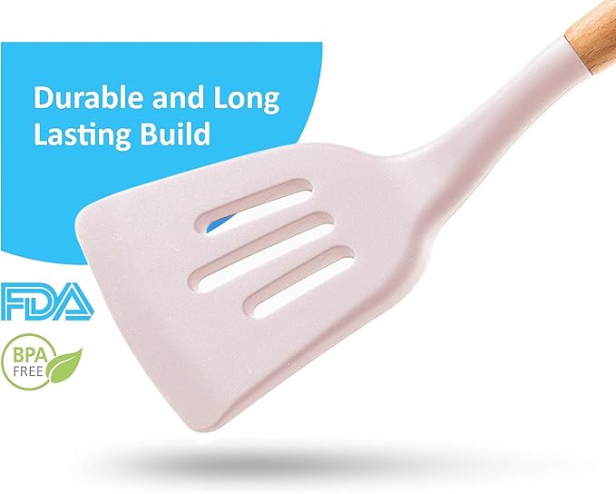 Silicone Cooking Utensils Set (6 pcs) Natural Wood Kitchen Utensils – Eco Friendly & BPA Free, Non-Scratch & Non-Stick Easy Grip -White