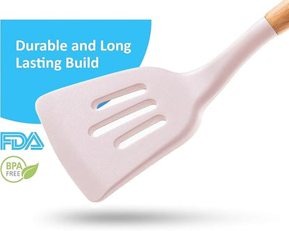 Silicone Cooking Utensils Set (6 pcs) Natural Wood Kitchen Utensils – Eco Friendly & BPA Free, Non-Scratch & Non-Stick Easy Grip -White
