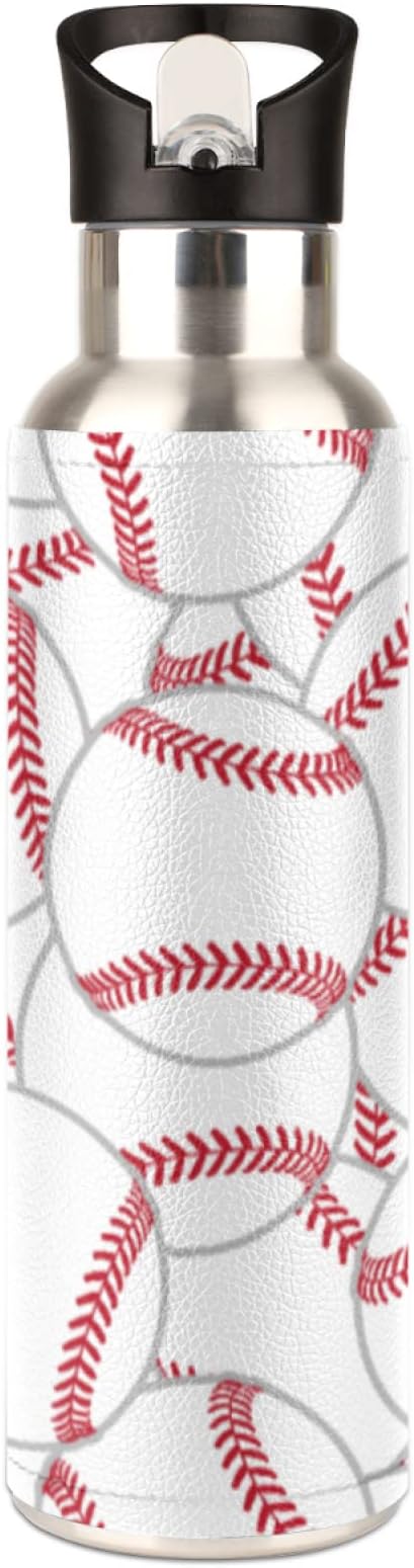 Stainless Steel Sports Water Bottle with Straw, 20 oz Vacuum Insulated Cup, Keeps Hot Cold Canteen Water Bottles For Cycling Travel Hiking (baseball)