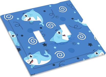 Cute Sharks Cartoon Double Toggle Light Switch Covers 2 Gang Wall Plate Dual Decorative Switchplate Electrical Faceplate for Bathroom Country Kitchen Bedroom Decor, 4.9" x 5"