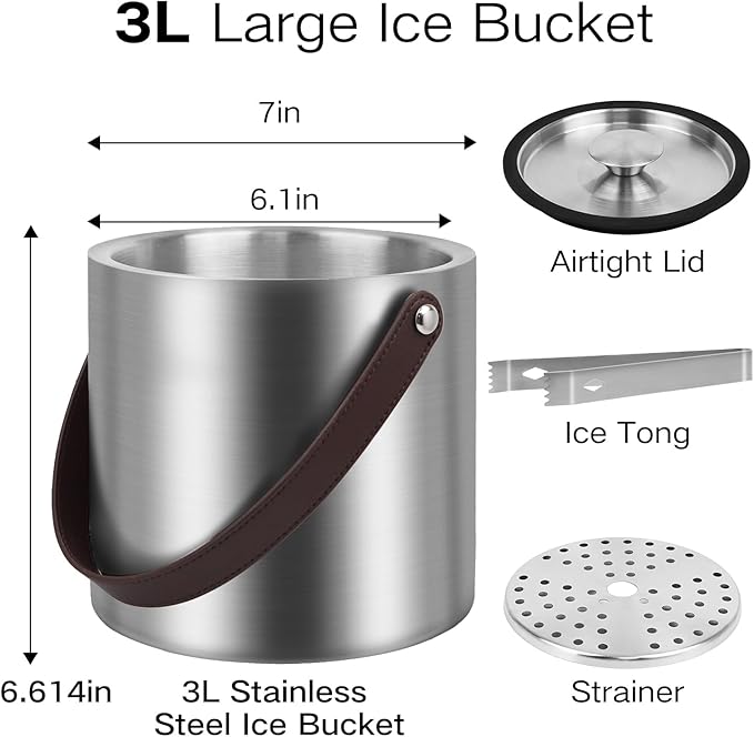 3L Large Ice Bucket with Lid, Ice Tong, Strainer & Leather Handle Keep Ice Frozen Longer Large Wine Ice Buckets for Parties,Cocktail Bar, Chilling Beer Champagne, Dark Brown Handle 3L