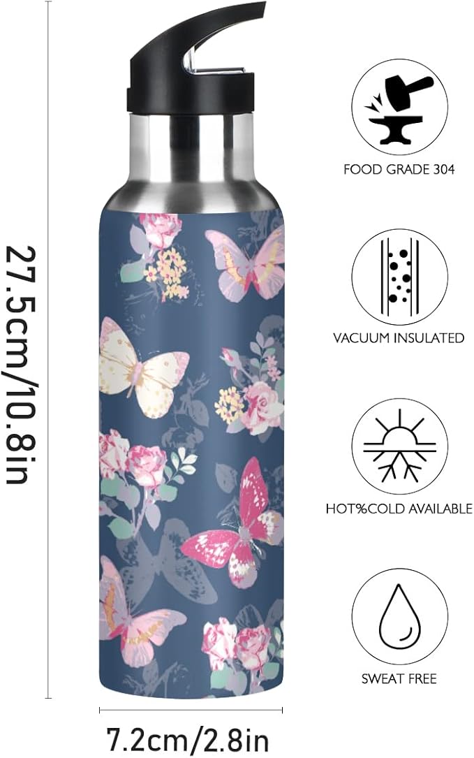 MNSRUU Insulated Water Bottle with Straw, Rainbow and Unicorns Stainless Steel Flasks for Sports Cycling Hiking School