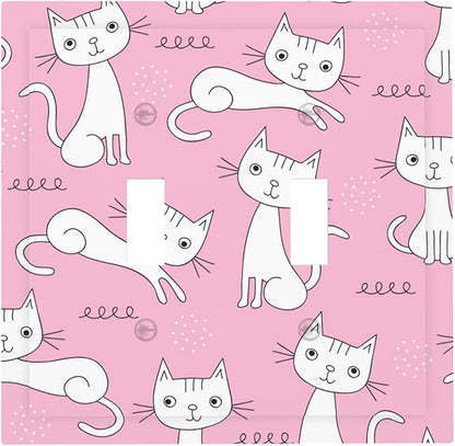 Cartoon Cute Cat Double Toggle Light Switch Covers 2 Gang Wall Plate Dual Decorative Switchplate Electrical Faceplate for Bathroom Country Kitchen Bedroom Decor, 4.9" x 5"