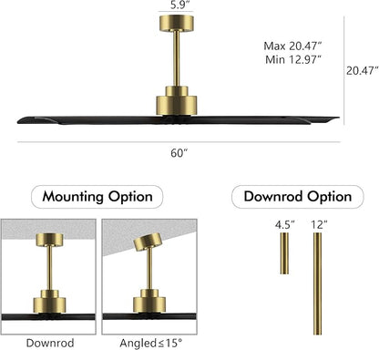 60 Inch Modern Ceiling Fan without Light, 5 Solid Wood Blades 6-Speed Noiseless Reversible DC Motor, Ceiling Fan with Remote Control for Bedroom Living Room, Gold Finish with Black Blades