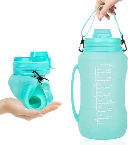 Collapsible 64oz Water Bottle with Handle & Straw - Spill-Proof Foldable Silicone Bottle for Men/Women (Cyan Color, 2L)