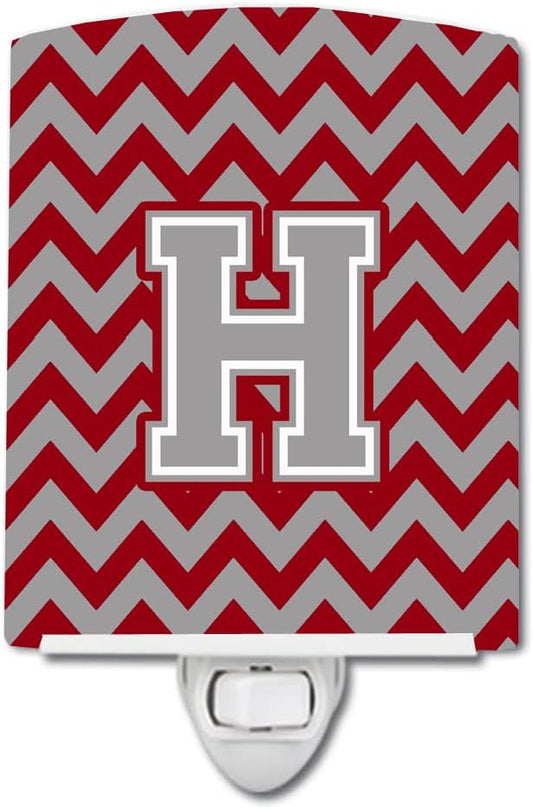 Caroline's Treasures CJ1043-HCNL Letter H Chevron Crimson and Grey Ceramic Night Light Compact, UL-Certified, Ideal for Bedroom, Bathroom, Nursery, Hallway, Kitchen, 6x4x3, Multicolor