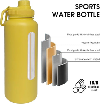 40oz Insulated Water Bottle ，Stainless Steel Sports Water Cup Flask with 2 Lids, Wide Mouth Travel Thermal Mug,Outdoor Sports Bottle（Mango yellow）