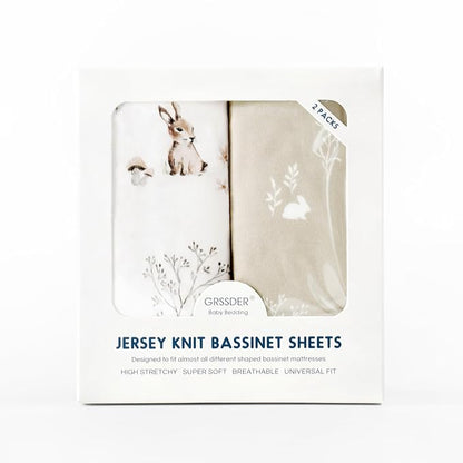GRSSDER Stretch Ultra Soft Fitted Bassinet Sheet Set 2 Pack, Universal Fit for Bassinets Baby Cradle Moses Basket Oval Rectangle Mattress Safe and Snug, Stylish Watercolor Rabbit Pattern