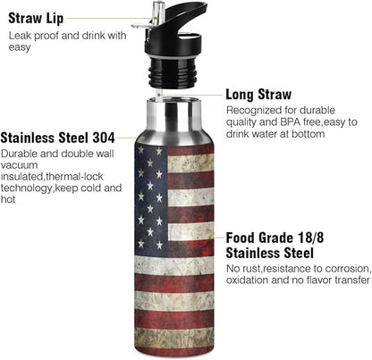 Alaza American Flag Patriotic Water Bottle With Straw Lids Boys Girls,Vacuum Insulated Leakproof Stainless-Steel Sports Bottle Thermal Flask For Gym Yoga Camping,34Oz (1000Ml)