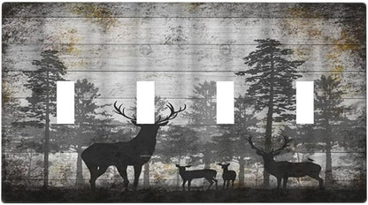 Rustic Deer Forest Vintage Wood Board Quad Toggle Boho Light Switch Covers Decorative Country Unique 4 Gang Wall Plate Electrical Faceplate Switchplate for Farmhouse Bedroom Decor