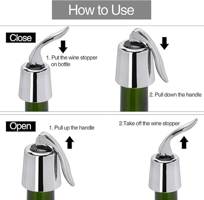 6Pcs Plastic Wine Stoppers, Reusable Wine Bottle Stopper with Silicone Seal, Wine Saver and Decorative Bottle Sealer, Beverage and Wine to Keep Fresh (Silver）