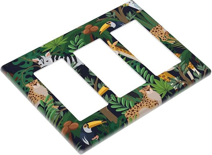 Cartoon Animal Zebra Leopard Giraffe Bird Leaf 3 Gang Rocker Nursery Light Switch Covers Decorative Triple Outlet Wall Plate Cover Faceplate Decorative Switchplate GFCI for Kidroom Decor
