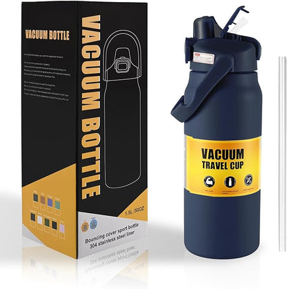 50oz/1.5L Insulated Sports Water Bottle, Stainless Steel Double Wall Water Jug with Handle, 2-in-1 Chug Spout and Straw Lid with Lock Cover for School, Outdoor, Sports & Travel, Navy Blue