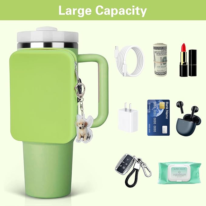 Water Bottle Pouch for Stanley Tumbler,Silicone Waterproof Fanny Pack for Stanley Cup 30/40oz Universal,Large Capacity Durable Tumbler Pouch-Green