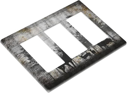 Rustic Deer Forest Vintage Wood Board 3 Gang Rocker Boho Light Switch Covers Decorative Country Unique Triple Outlet Wall Plate Cover Faceplate Decorative Switchplate GFCI for Farmhouse