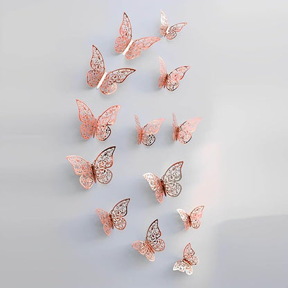 72Pcs 3D Butterfly Wall Decor 3 Sizes 3 Styles, Removable Butterfly Stickers Wall Decals, Butterfly Decorations Party Birthday Cake Decoration for Kids Nursery Wedding Bedroom Room(Rose Gold)
