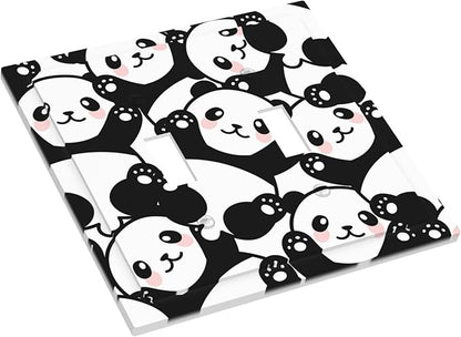 Cute Panda Double Toggle Light Switch Covers 2 Gang Wall Plate Dual Decorative Switchplate Electrical Faceplate for Bathroom Country Kitchen Bedroom Decor, 4.9" x 5"