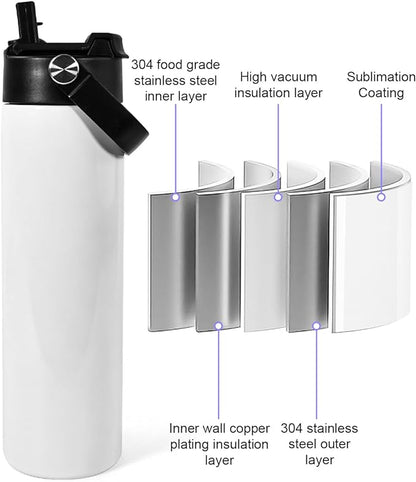 AGH 20oz Sublimation Sports Water Bottle Blanks with Straw & Handle Lid Straight Tumblers Stainless Steel Metal Vacuum Insulated Flask for Glitter Vinyl, Sport Outdoor Travel 4pcs