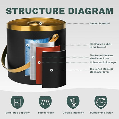 3L Double-Wall Insulated Stainless Steel Ice Bucket with scoop for Cocktail Bar - Metal Ice Bucket for freezer with Lid for parties,ice holder,champagne bucket,bar cart accessories (black)