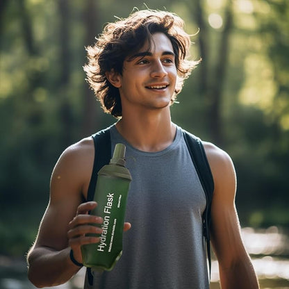 Green Soft Flask, TPU Foldable Running Hydration Flask, for Hydration Packs/Running Vests-Running, Hiking, Cycling Folding Bottle-8.5 oz (250 ml)
