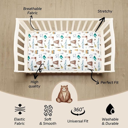 4 Pack Woodland Forest Animals Wood Neutral Unisex Fitted Baby Crib Sheets Set for Baby Boys or Girls Forest