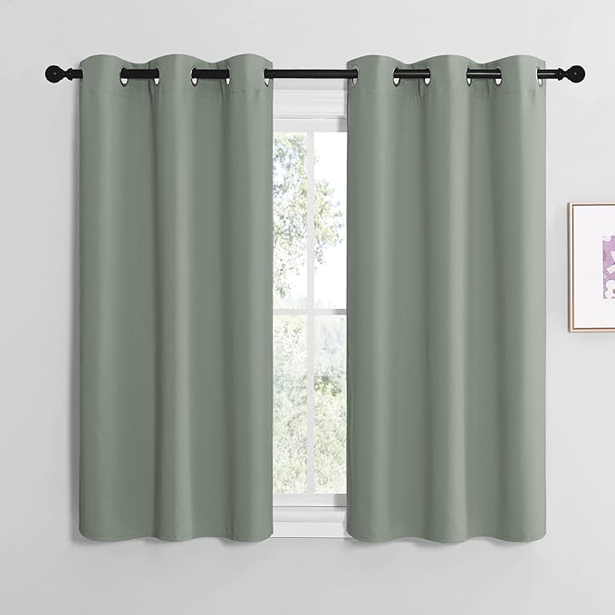 NICETOWN Greyish Green Room Darkening Curtains for Kitchen, Window Treatment Thermal Insulated Solid Grommet Room Darkening Curtains/Drapes for Bedroom (Set of 2, 42 inches Wide by 50 inches Long)