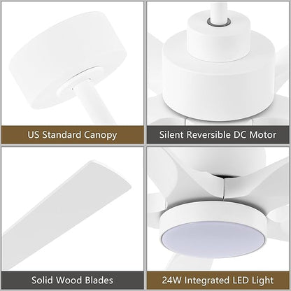60" Modern Ceiling Fan with Lights and Remote Control, 5 Solid Wood Blades 6-Speed Noiseless Reversible DC Motor, Ceiling Fan for Bedroom Dinning Living Room, White