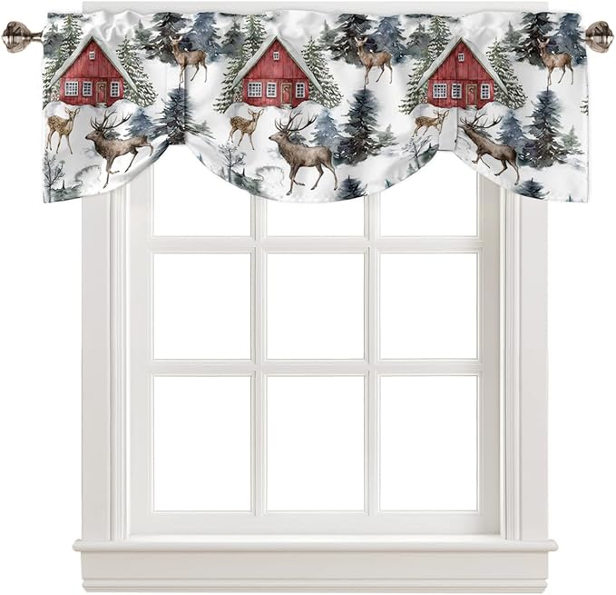Christmas Blackout Tie Up Valance Curtains for Kitchen Windows Red Farmhouse Barn Window Toppers Balloon Shades for Living Room/Bathroom/Bedroom,1 Panel,54" X 18" Elk