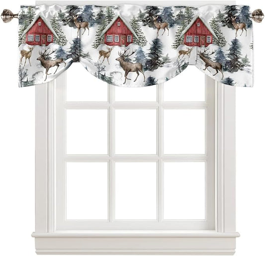 Christmas Blackout Tie Up Valance Curtains for Kitchen Windows Red Farmhouse Barn Window Toppers Balloon Shades for Living Room/Bathroom/Bedroom,1 Panel,42" X 18" Elk