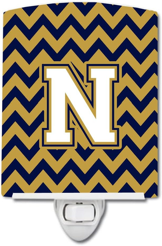 Caroline's Treasures CJ1057-NCNL Letter N Chevron Navy Blue and Gold Ceramic Night Light Compact, UL-Certified, Ideal for Bedroom, Bathroom, Nursery, Hallway, Kitchen, 6x4x3, Multicolor