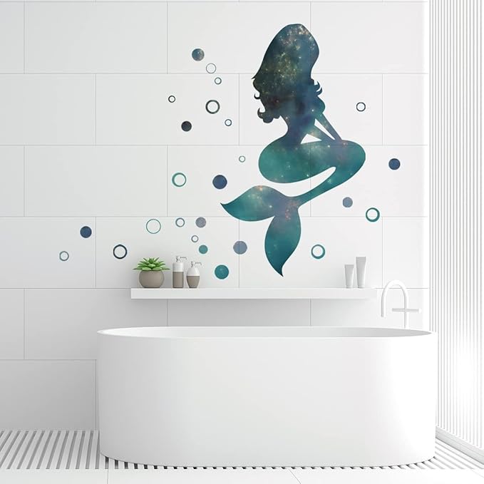 Mermaid Wall Stickers - Enchanting Blue & Green Design, 70cm x 27.5in, with 90 Bubbles