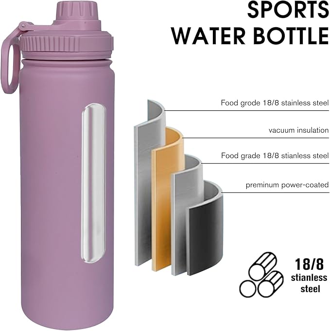 22oz Insulated Water Bottle ，Stainless Steel Sports Water Cup Flask with 2 Lids, Wide Mouth Travel Thermal Mug,Outdoor Sports Bottle（Jelly Purple）