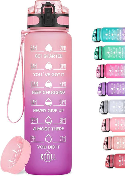 32oz Motivational Water Bottle with Time Marker & Fruit Strainer, Leak-proof BPA Free Non-Toxic Bottle with Carrying Strap, Perfect for Fitness, Gym and Outdoor Sports