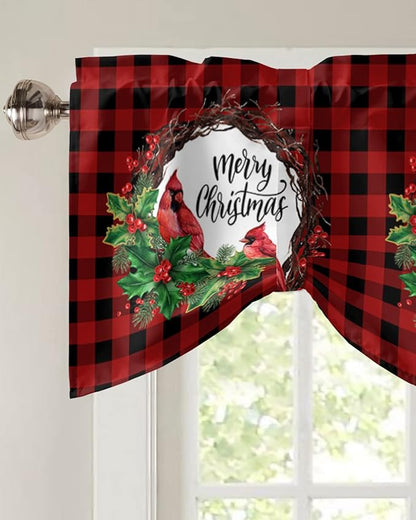 Merry Christmas Blackout Tie Up Valance Curtains for Kitchen Windows Winter Cardinal Holly Berries Window Toppers Balloon Shades for Living Room/Bathroom/Bedroom,1 Panel,42" X 18" Red Black Plaid