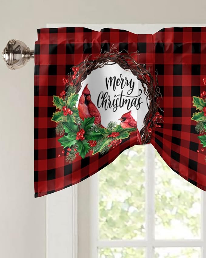 Merry Christmas Blackout Tie Up Valance Curtains for Kitchen Windows Winter Cardinal Holly Berries Window Toppers Balloon Shades for Living Room/Bathroom/Bedroom,1 Panel,42" X 12" Red Black Plaid