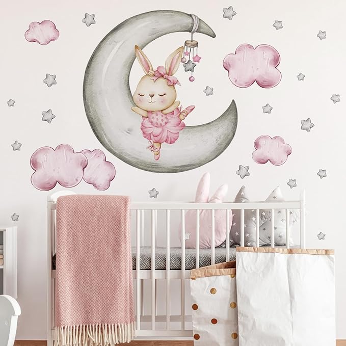 Adorable Rabbit Wall Decals - Moon & Stars Themed - 2 Sheets, 90x35.43cm Each - Easy Peel & Stick for Kids' Room Decor