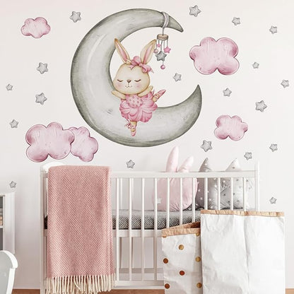 Adorable Rabbit Wall Decals - Moon & Stars Themed - 2 Sheets, 90x35.43cm Each - Easy Peel & Stick for Kids' Room Decor