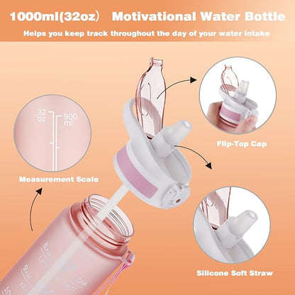 Prometheuz 32oz Water Bottle with Straw, Motivational Water Bottle with Time Marker, Water Bottles Leakproof & BPA-Free for Sports, Work and Fitness Rose Gold